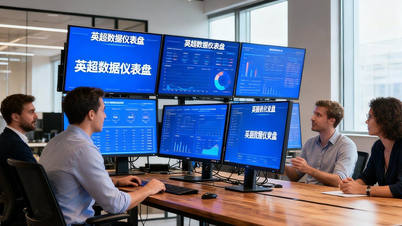 开放式办公室内，长桌上摆放着多台显示英超数据仪表盘的显示器，分析师正在讨论
