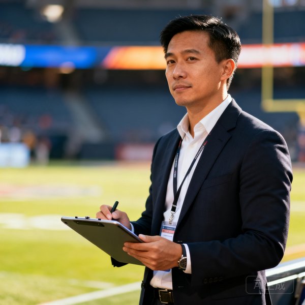 华裔男性球探Marcus Chen，手持战术平板，站在场边